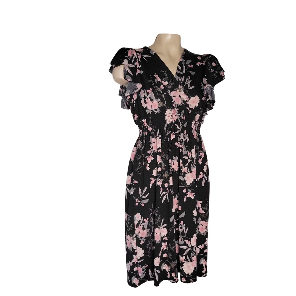 Anna Morgan Black Pink Floral V-Neck Smocked Waist Flutter Sleeve Midi Dress S